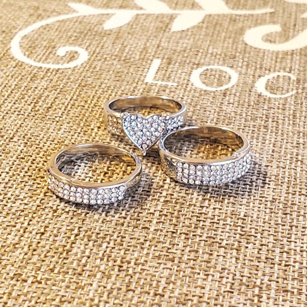 Stackable Silver Rhinestone Heart Trio Ring Set